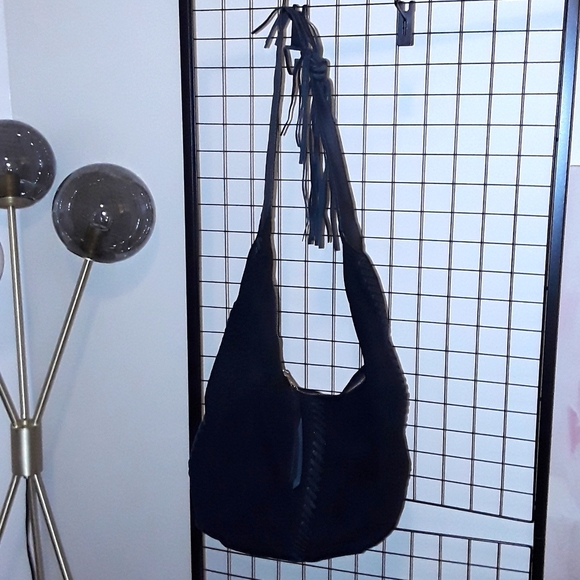 Black Suede 100% LEATHER hobo bag - Picture 7 of 8